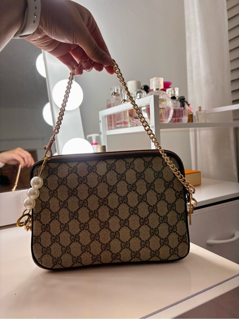 Gucci Brown GG Supreme Canvas Crossbody with Gold Chain and Pearl Accent